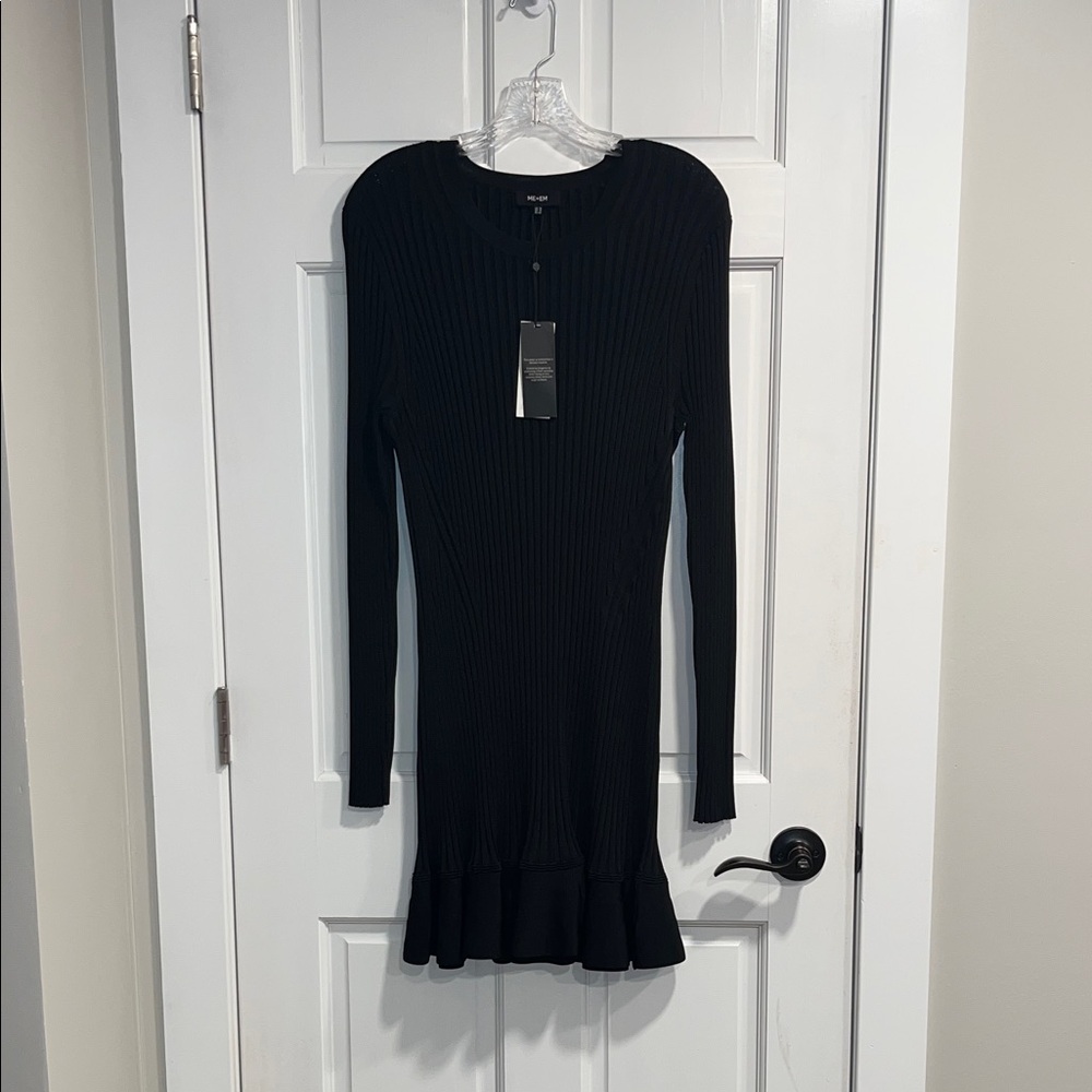ME+EM Frill Hem Rib Mini Dress Black US Size 12 NWT